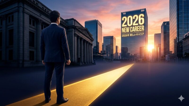 40代銀行員が6ヶ月間のロードマップを経て、2026年のハイクラス転職を成功させるための戦略的イメージ。