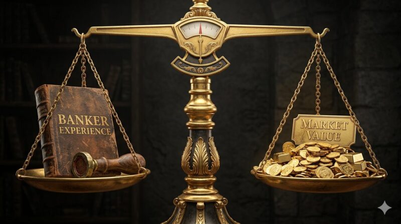 銀行員としての20年のキャリアが、正しい翻訳によって市場で正当に評価される様子を示す視覚的表現。