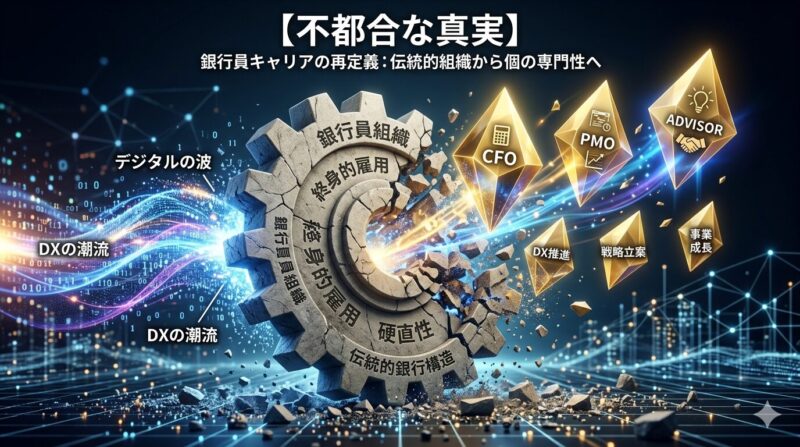 地方銀行の再編とAI導入により、従来の銀行員業務が解体され、個の専門性が求められる時代の図解。
