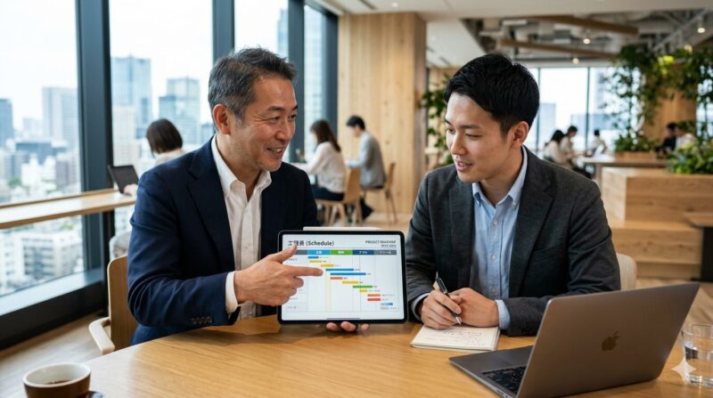 先輩から後輩へ伝えられる、転職活動における精密な工程管理とスケジュール遵守の重要性を示すシーン。