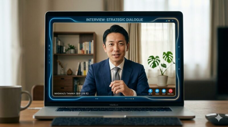 40代銀行員が中途採用面接において、逆質問を通じて企業と対等な交渉を行うイメージ。