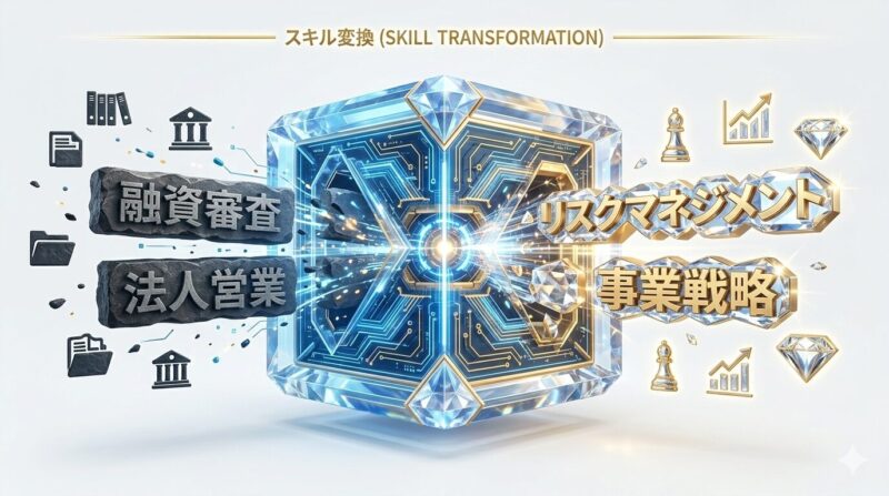 銀行員の専門性を他業界の言語へ翻訳し、市場価値を再定義するプロセスの図解。