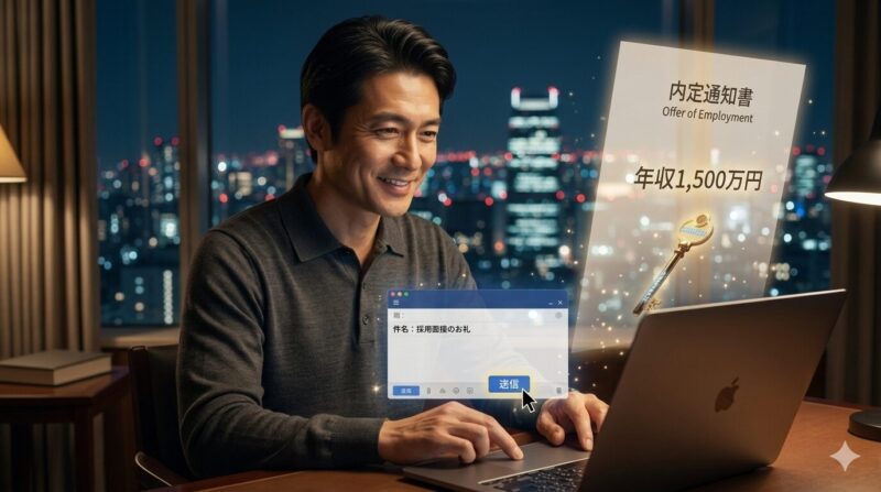 40代銀行員が面接後にお礼メールを送り、ハイクラス転職の内定を確実にするイメージ。