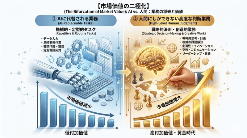 生成AI導入後の銀行業務における人間の役割と市場価値の変化を示す図解。