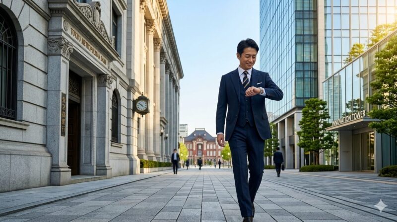 40代銀行員が面接マナーを守り、ハイクラス転職を成功させるための第一歩を踏み出すイメージ。