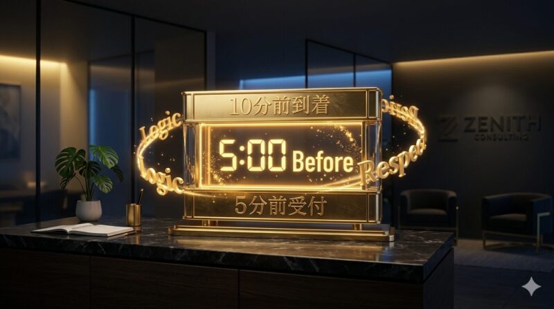 対面・オンライン面接における理想的な受付・ログインタイミングの図解。