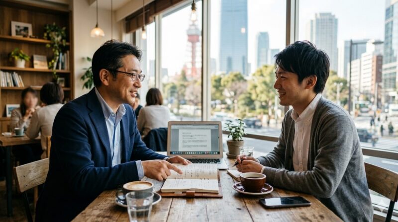 銀行員出身の先輩から後輩へ受け継がれる、面接マナーの実戦的なアドバイスシーン。