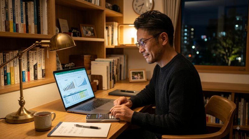 自宅の書斎でノートPCと電卓を広げ、落ち着いた表情で生涯収支と住宅ローンシミュレーションを行う男性