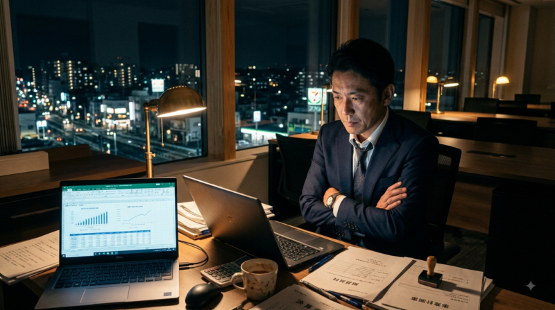 夜の銀行のオフィスで、書類やPC画面を前に一人深く思い悩む40代の男性銀行員の姿