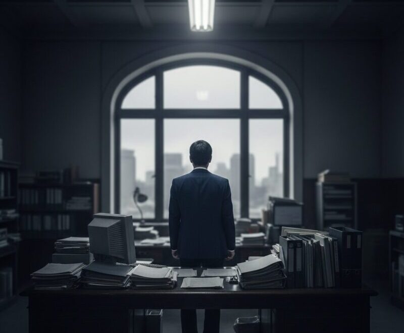 銀行の暗いオフィスでやりがいを見失い窓の外を見る40代男性行員