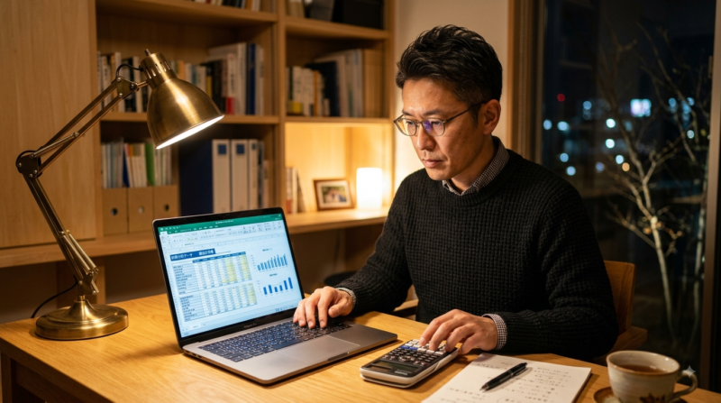 ノートPCと電卓を使い、自社の財務データや市場価値を冷静に分析・計算する40代ビジネスマン