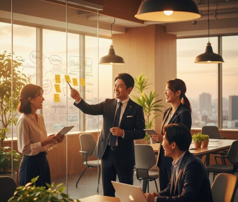 新しい職場でチームと笑顔で協力し活躍する元銀行員のイメージ