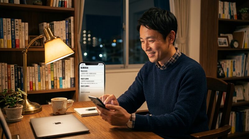 自宅の書斎でスマホを操作し、転職エージェントの無料カウンセリングに申し込む決意を固めた40代男性