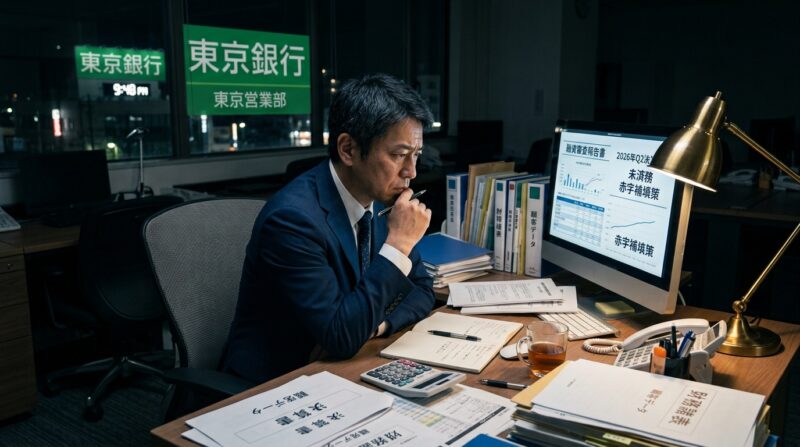転職での年収ダウンや失敗への不安を抱え、夜のオフィスで資料を見つめる40代男性銀行員