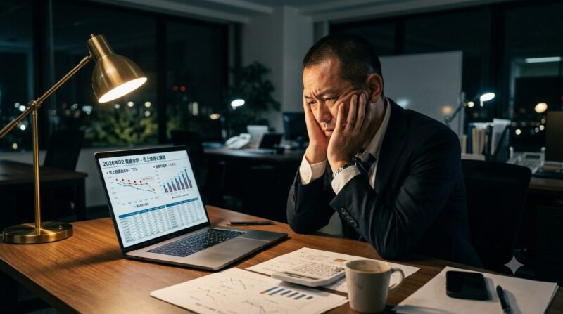 転職後のオフィスのデスクで、一般企業の評価軸や業務内容のギャップに悩み、パソコンの前で頭を抱える30代・40代の元銀行員男性