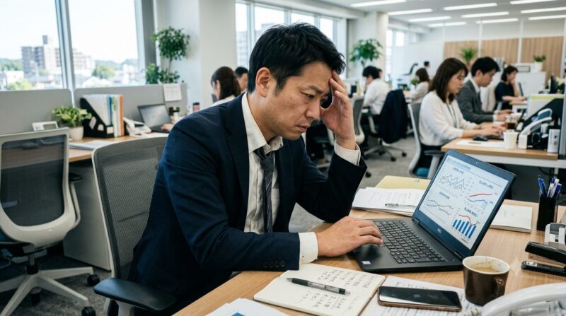 転職後のオフィスのデスクで、一般企業の評価軸や業務内容のギャップに悩み、パソコンの前で頭を抱える30代・40代の元銀行員男性