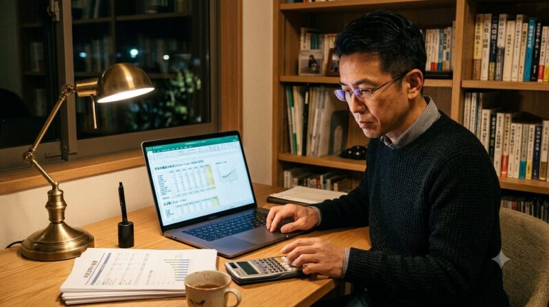 夜の自宅の書斎で、ノートPCと電卓を前に冷静に転職後の年収や住宅ローン金利の損益分岐点を計算する40代の男性銀行員