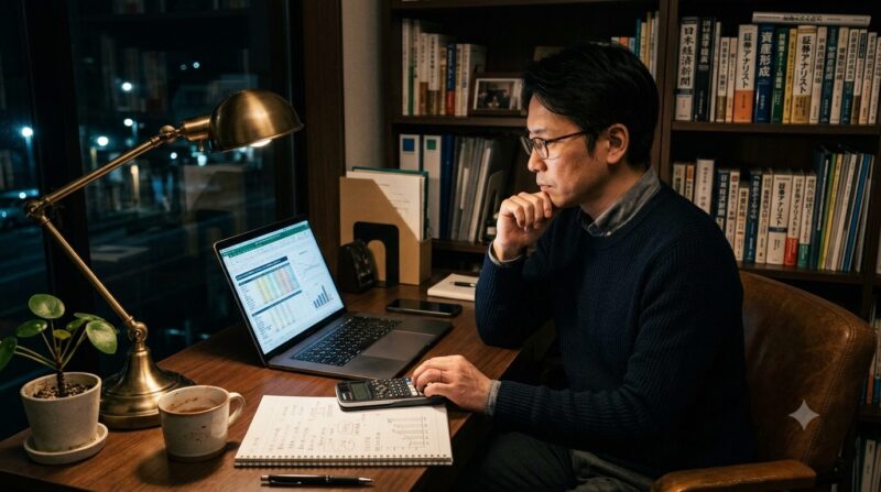 夜の自宅の書斎で、ノートPCと電卓を前に冷静に転職後の年収や住宅ローン金利の損益分岐点を計算する40代の男性銀行員
