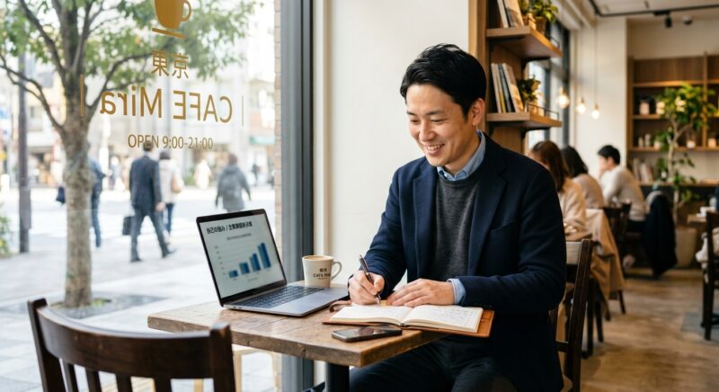 カフェでノートPCを開き、未来ベースの思考で自身の財務・提案スキルを整理する30代後半の男性