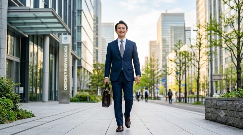 転職エージェントとの相談を終え、自身の将来に自信と希望を取り戻して明るい表情で歩き出す40代のスーツ姿の男性ビジネスマン