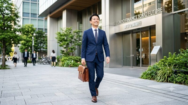 転職エージェントとの相談を終え、自身の将来に自信と希望を取り戻して明るい表情で歩き出す40代のスーツ姿の男性ビジネスマン