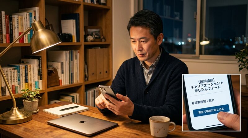 自宅の書斎で決意を込めて専門転職エージェントの無料登録を行う40代男性