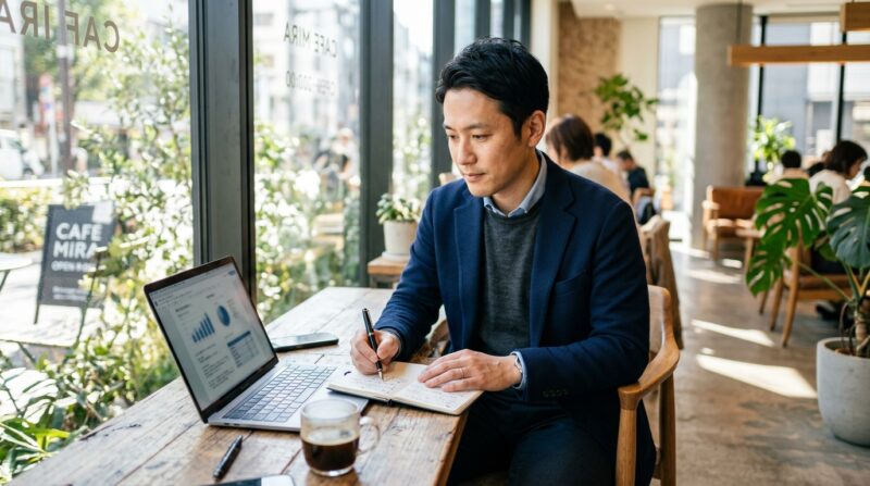 明るいカフェでノートPCを開き、自身の銀行実務を財務分析スキルへ翻訳・整理する知的な男性