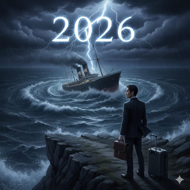 2026年の地銀再編という嵐に直面する銀行員。古い組織の崩壊と、新しいキャリアへの決断を象徴するドラマチックなビジュアル。