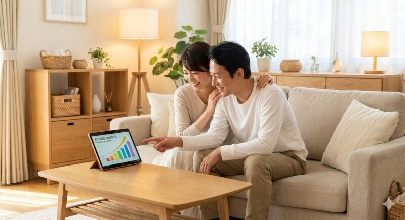 転職後の住宅ローンと家族の将来を穏やかに話し合う40代夫婦のイメージ画像