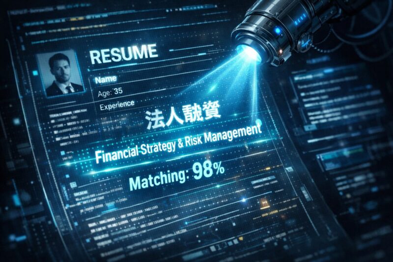 AI履歴書選考（ATS）で銀行員の経歴が市場価値の高いキーワードに変換・評価されるイメージ。