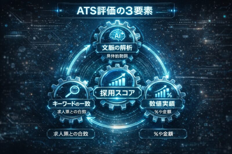 ATS（採用管理システム）が履歴書をスコアリングする3つの主要指標（キーワード・文脈・数字）の図解。