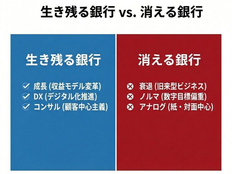 生き残る地銀と去るべき地銀の境界線を示す比較図解。経営ビジョン、若手の離職率、IT投資の3項目で判定するチェックリスト。
