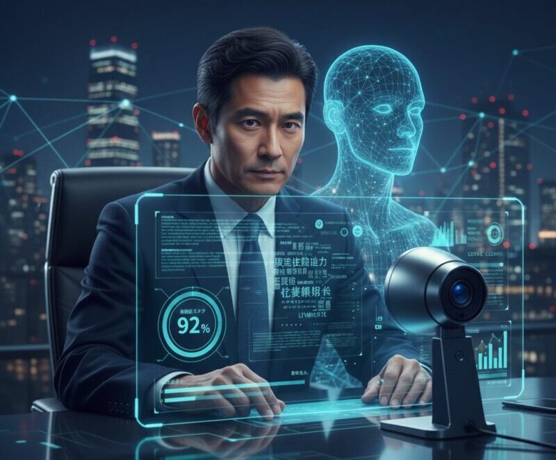 ホログラムで投影されたAI面接官と対峙し、カメラに向かって真剣に回答するスーツ姿の銀行員。画面には回答の論理性をリアルタイムで解析する「92%」のスコア表示やデータチャートが浮かび上がっている、2026年の最新AI面接をイメージしたデジタルアート。