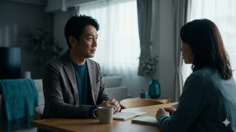 2026年の金利上昇局面で、転職を検討する40代銀行員の男性が妻とリビングで真剣に、かつ希望を持って話し合っている様子。嫁ブロックを突破するための家庭内対話のイメージ。