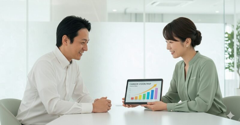 プロのキャリアコーチと未来のロードマップを共有し、自信を取り戻す40代銀行員のイメージ画像