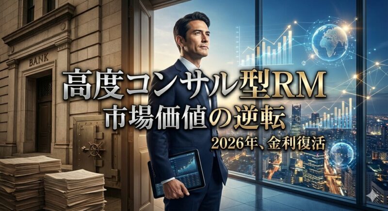 伝統的な銀行の建物と積み上がった書類の山（過去）から、デジタルデータと高層ビル群が広がるモダンなオフィス（未来）へと足を踏み出す40代の男性銀行員。手に持ったタブレットには財務グラフが表示され、自信に満ちた表情で先を見据えている。「高度コンサル型RM 市場価値の逆転 2026年、金利復活」というテキストが添えられた、キャリアの進化を象徴するビジュアル。