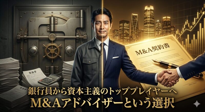銀行員がM&A仲介・FA職へ転身し、財務分析力を武器に大型案件を成約させ、高収入を得る成功イメージ。