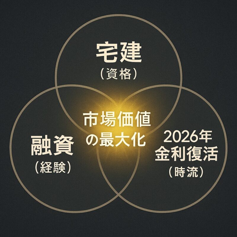 宅建、融資実務、2026年の市場環境という3つの要素が重なり、40代銀行員の転職価値が最大化する仕組み。
