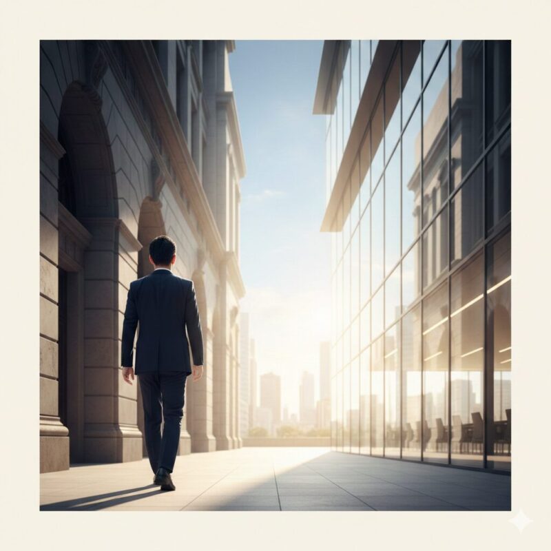 銀行員が職務経歴書の言い換えを行い、新しいキャリアの光へ踏み出すイメージ