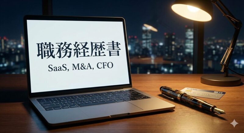 デスクの上に置かれたノートPC。画面には「職務経歴書」の文字と、SaaS、M&A、CFOといった異業種のキーワードがプロフェッショナルなフォントで並んでいる。PCの横には、使い込まれた高級万年筆と、少しだけ見える銀行時代の名刺（過去）が置かれ、未来へ向かう決意を感じさせる高品質な写真風イメージ。