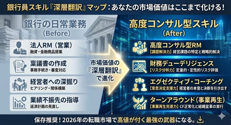 「銀行員スキル『深層翻訳』マップ」と題された比較インフォグラフィック。左側の「銀行の日常業務（Before）」として法人RM、稟議書作成、経営者への深掘り、業績不振先の指導が並び、中央の「市場価値の深層翻訳で進化」という矢印を経て、右側の「高度コンサル型スキル（After）」へと変換されている。変換先には高度コンサル型RM、財務デューデリジェンス、エグゼクティブ・コーチング、ターンアラウンド（事業再生）が、それぞれの専門能力（課題解決力、リスク分析力など）と共に示されている。