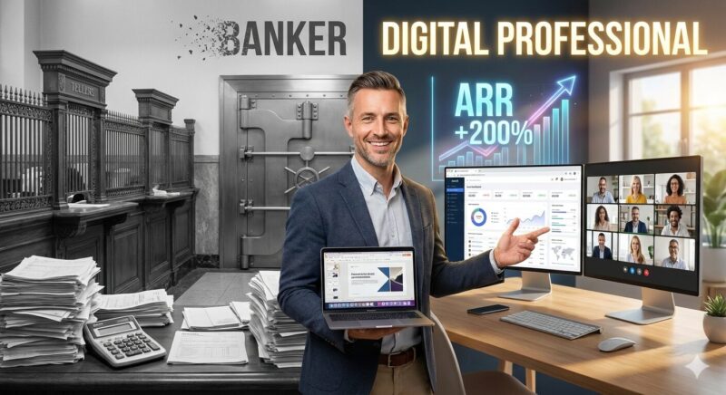 銀行員からSaaS業界の営業プロフェッショナルへ転身し、デジタル環境で活躍する40代男性のイメージ。