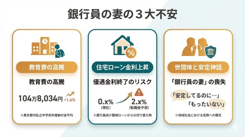 「銀行員の妻が抱く3大不安（2026年版）」の図解。教育費の高騰（私立中学104万円超）、住宅ローン金利上昇（優遇終了リスク）、世間体と安定神話の崩壊（「銀行員の妻」という肩書きの喪失）という、40代銀行員の転職において壁となる3つの要素をまとめたインフォグラフィック。