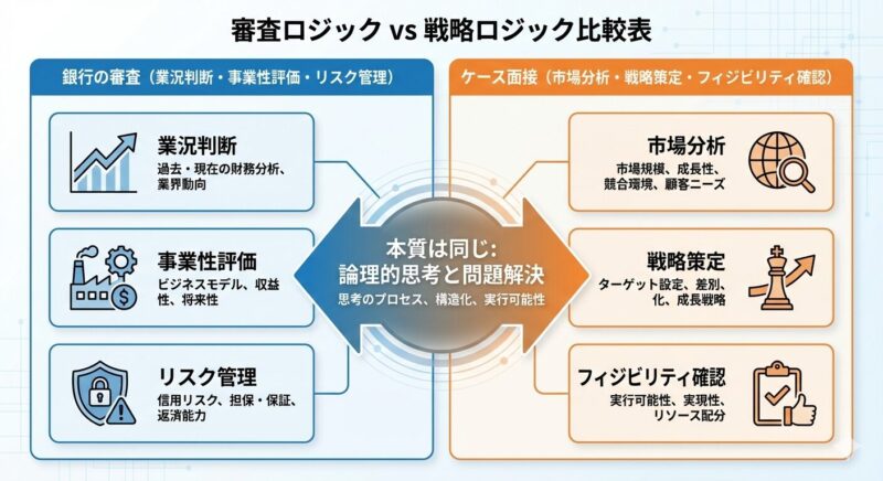 銀行の融資審査とケース面接の思考プロセスの共通点を示す対応図。