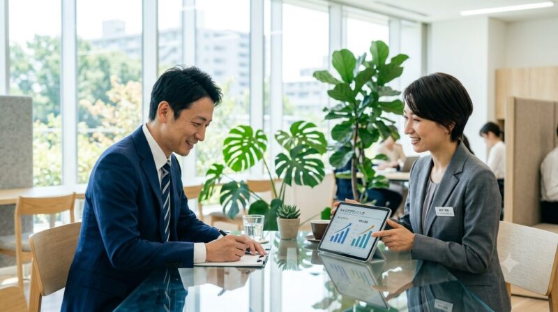 転職エージェントとの面談や、外の世界の情報（求人票）を手に取り、表情が少し明るくなったスーツ姿の男性