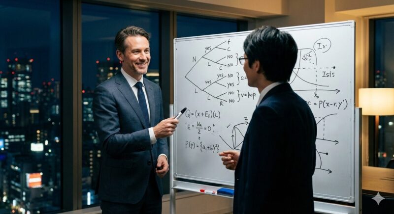 銀行員の審査能力を戦略的思考に昇華させ、ケース面接に挑むイメージ。