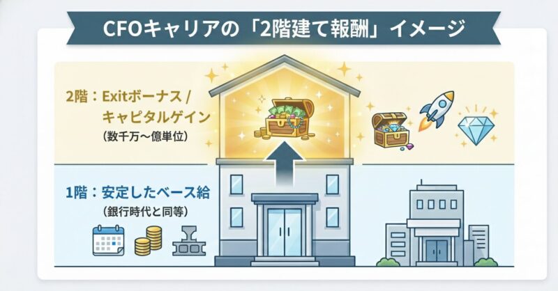 建物のイラスト。1階部分は「安定したベース給（銀行時代と同等）」、2階部分は「Exitボーナス / キャピタルゲイン（数千万〜億単位）」として、キラキラしたアイコンで強調。