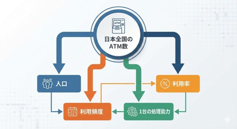 フェルミ推定の構造図。大きな数値を論理的な要素に分解するステップ。