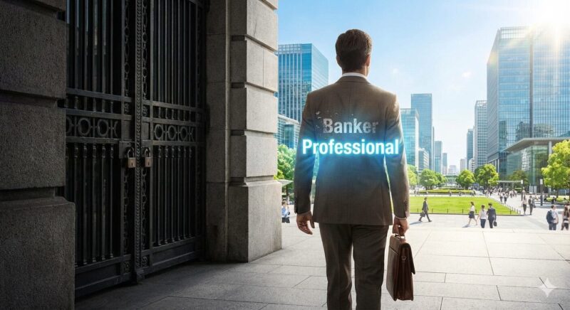 銀行員の看板を外し、一人のプロフェッショナルとして市場へ踏み出す40代男性。組織依存からの脱却と希望を表現。