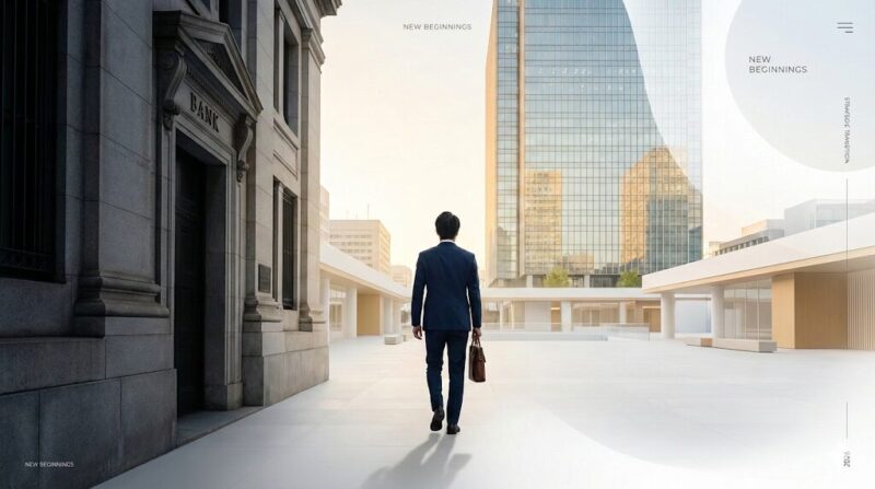 40代銀行員が閉塞感を脱し、希望に満ちた異業種の未来へ踏み出すメインビジュアル